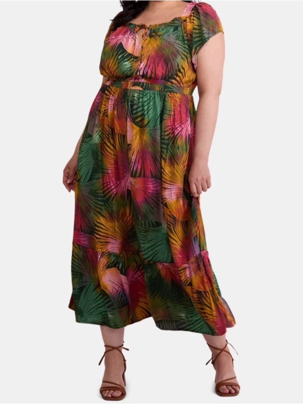 Terra Sky Tropical Print Flutter-Sleeve Maxi Dress in Green & Pink 3x (24w-26w)